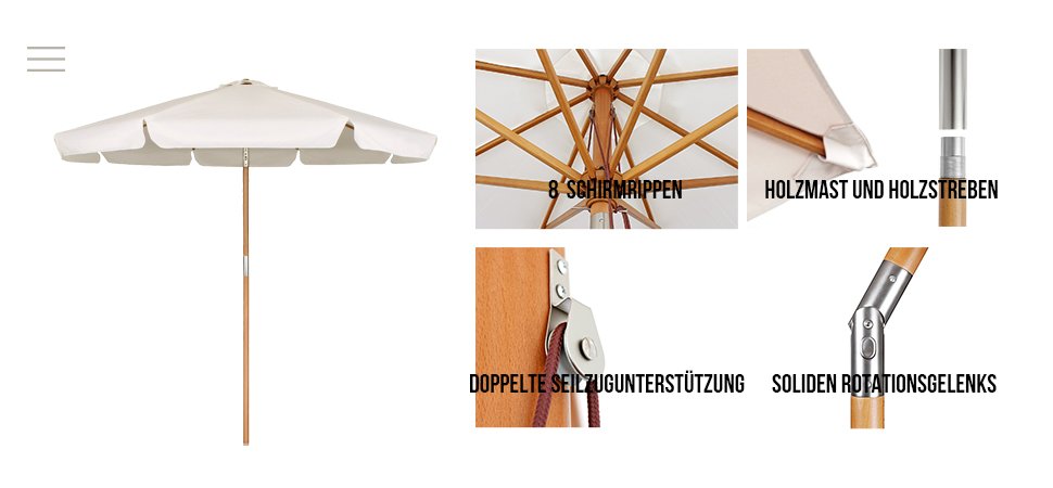 Holz-Sonnenschirm Balkonschirm Terrassen Gartenschirm 3m rund